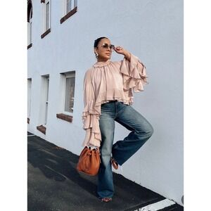 Commense Sheer Turtleneck‎ Ruffle Chiffon Blouse Beige size S